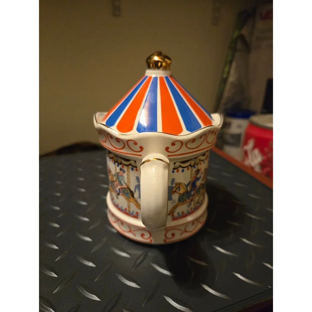 Vintage Carousel‎ Horse Ceramic Teapot Circus Tent Lid Gold Trim Red Blue White